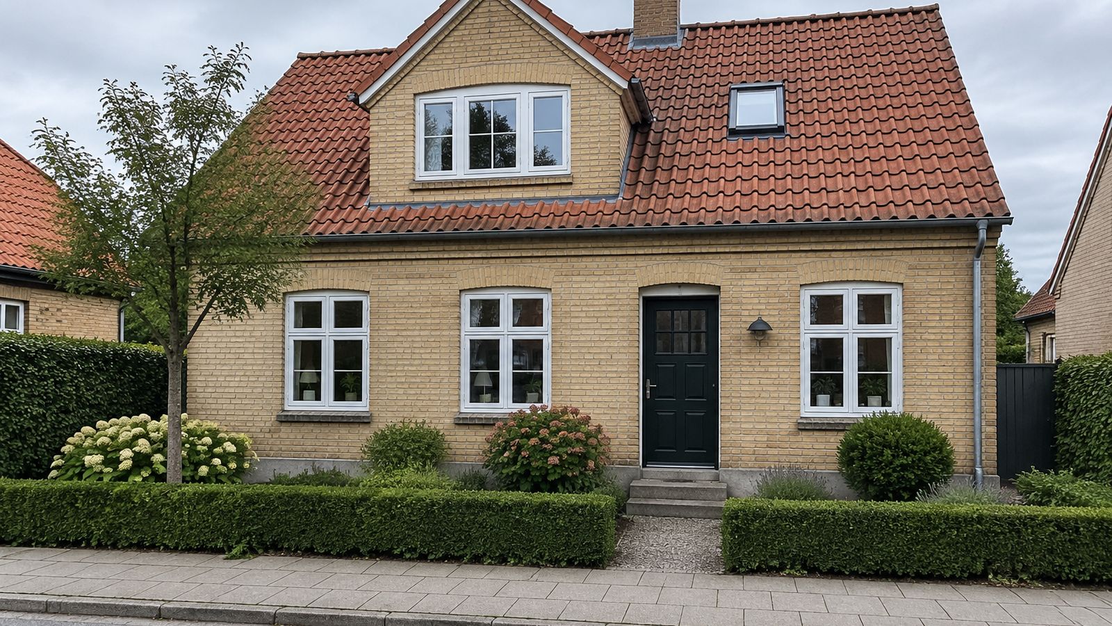 Dansk villa i røde mursten på stille vej i blødt aftenlys